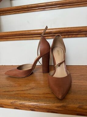 Aldo Brown Pointed-Toe Ankle-Strap Block Heels